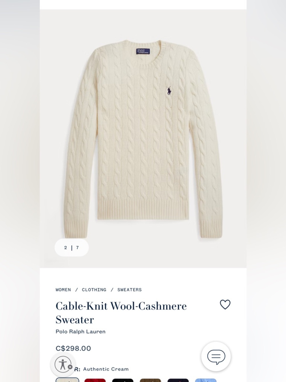Ralph Lauren Cable-Knit Wool Cashmere Sweater - Cream, Size Small